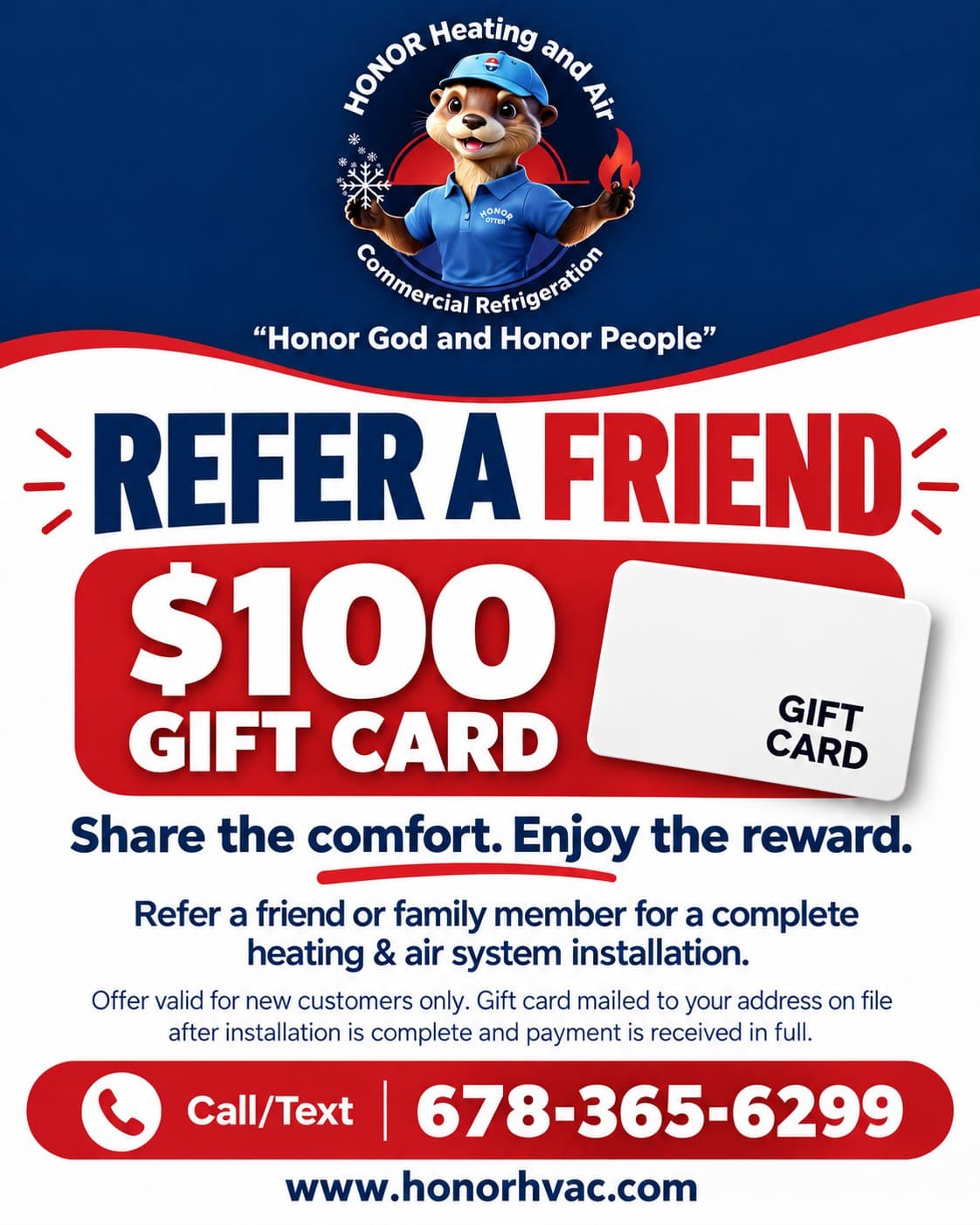 Refer a Friend and Earn a $100 Gift Card with Honor Heating and Air image
